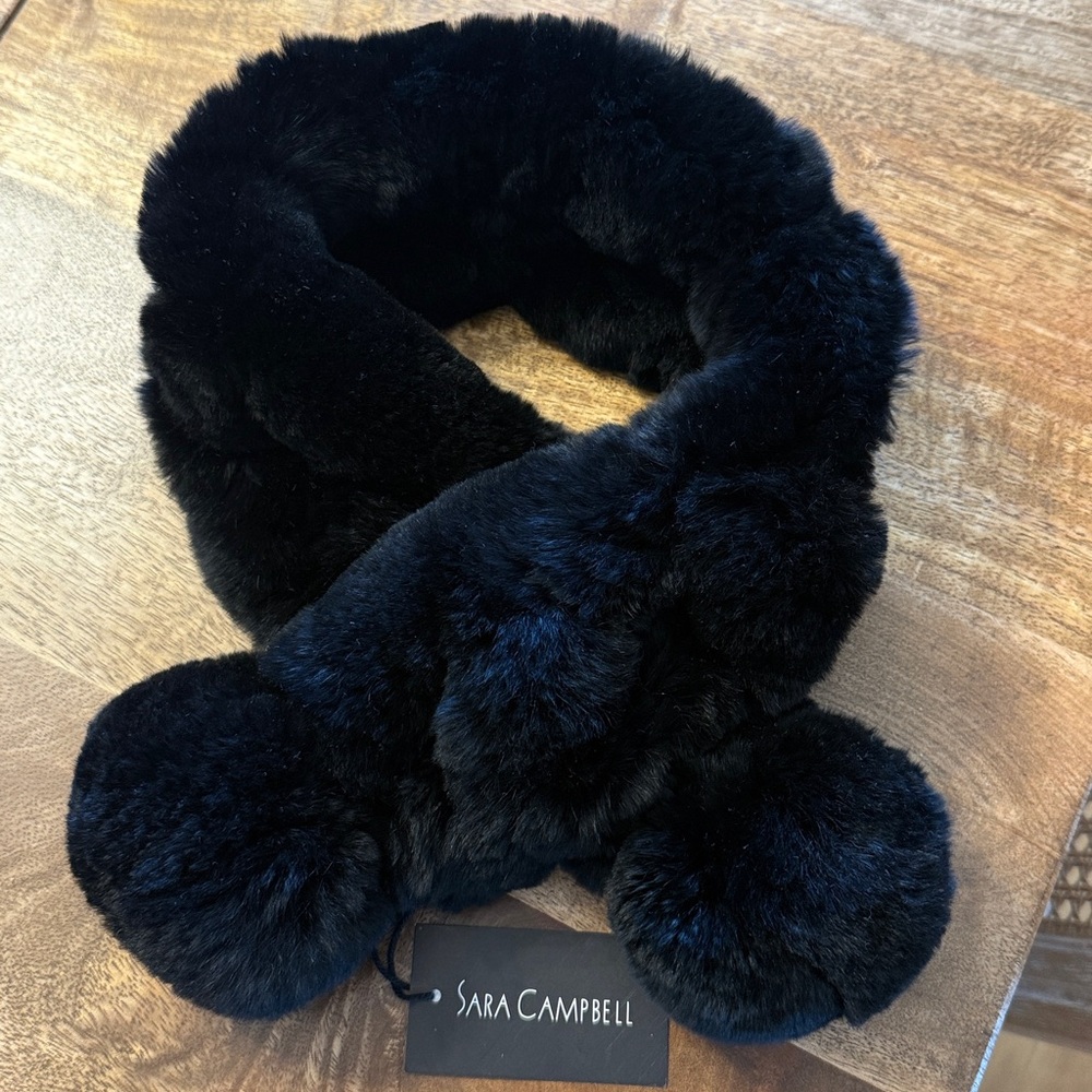 Sara Campbell Black Faux Fur Pom Scarf